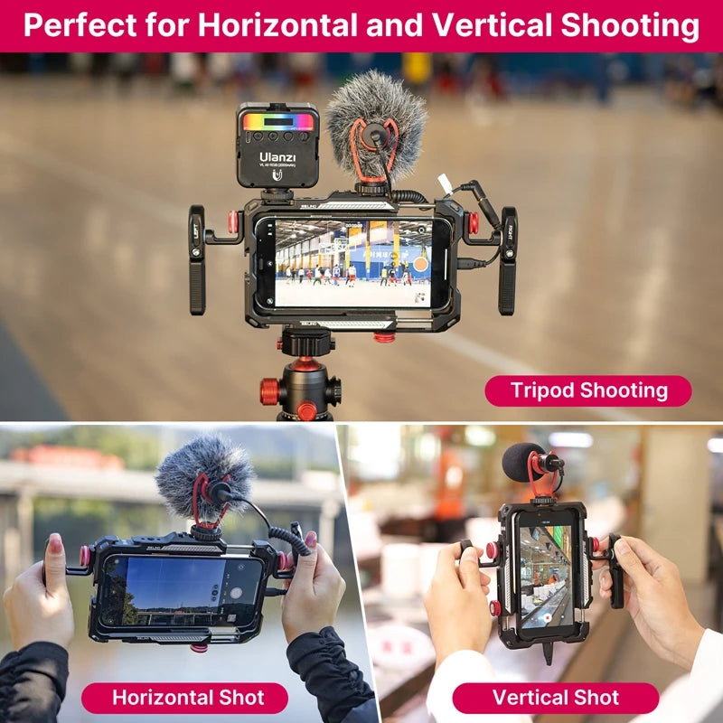 Ulanzi Lino Phone Video Vlog Cage with Adjustable Handle for iPhone 15 14 13 Pro Max Cold Shoe Mount for Microphone Flash Light
