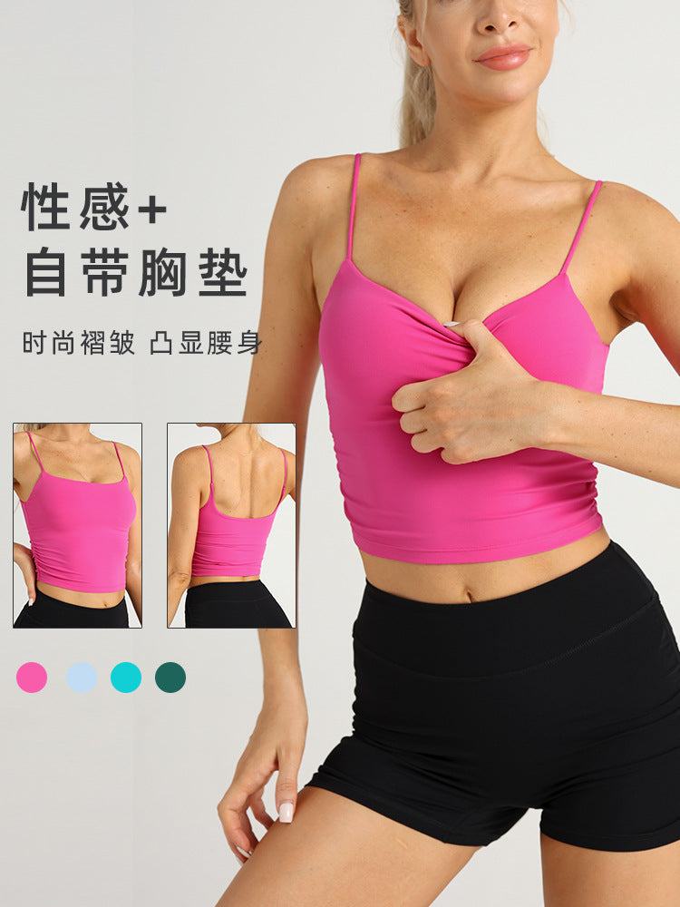 New Nude Sports Vest Top for Women European and American Pleated Fitness Sling Sexy Beautiful Back Spaghetti Straps Yoga Bra