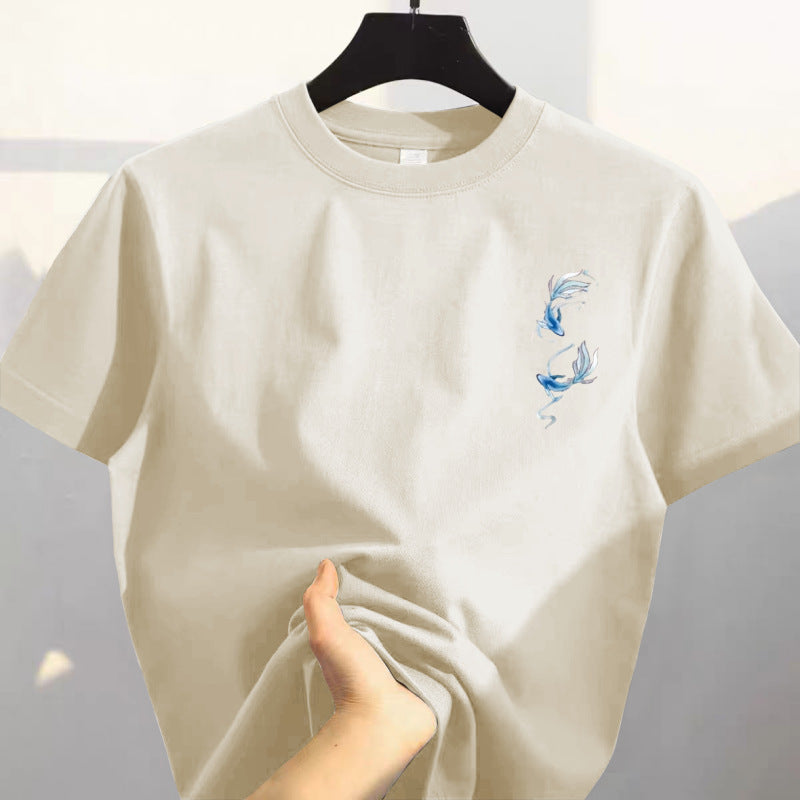 White 100% Cotton Heavyweight Short-Sleeved T-Shirt New Summer American Retro High-End Printed Versatile Top Trendy
