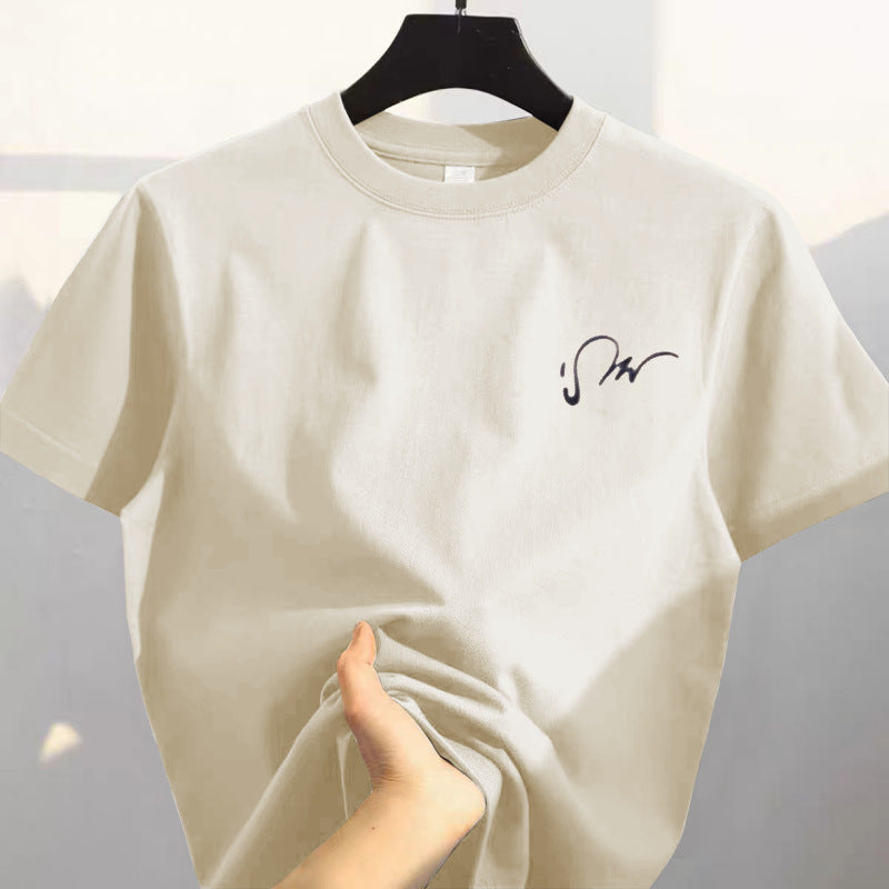 White 100% Cotton Heavyweight Short-Sleeved T-Shirt New Summer American Retro High-End Printed Versatile Top Trendy