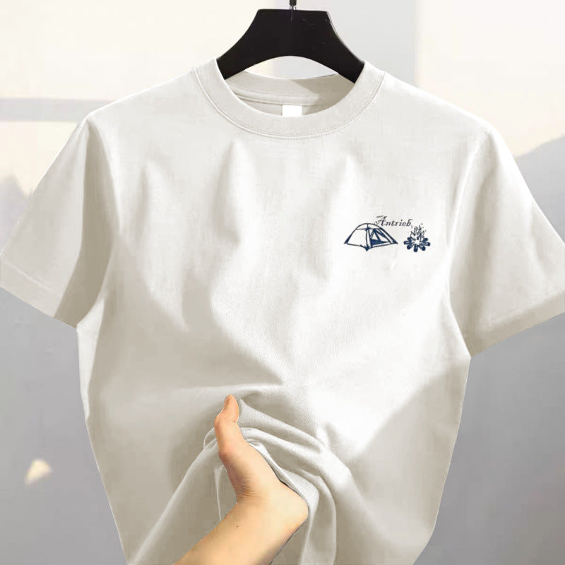 White 100% Cotton Heavyweight Short-Sleeved T-Shirt New Summer American Retro High-End Printed Versatile Top Trendy
