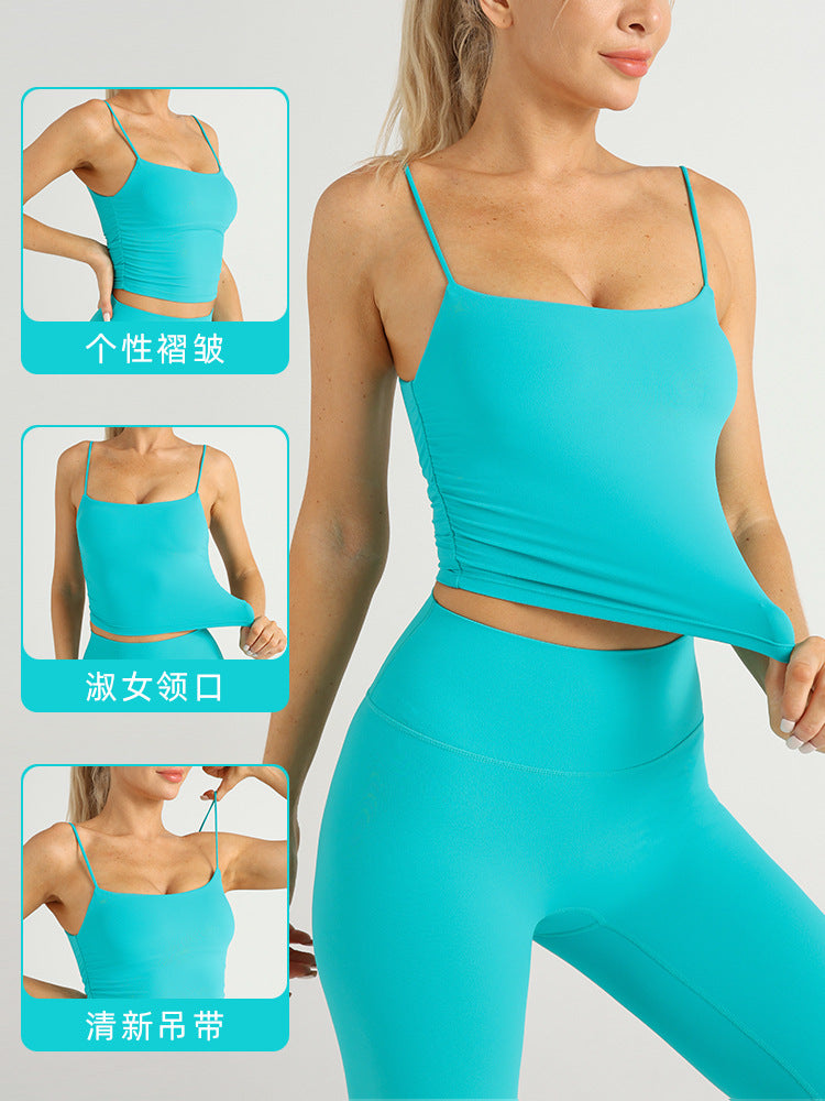 New Nude Sports Vest Top for Women European and American Pleated Fitness Sling Sexy Beautiful Back Spaghetti Straps Yoga Bra