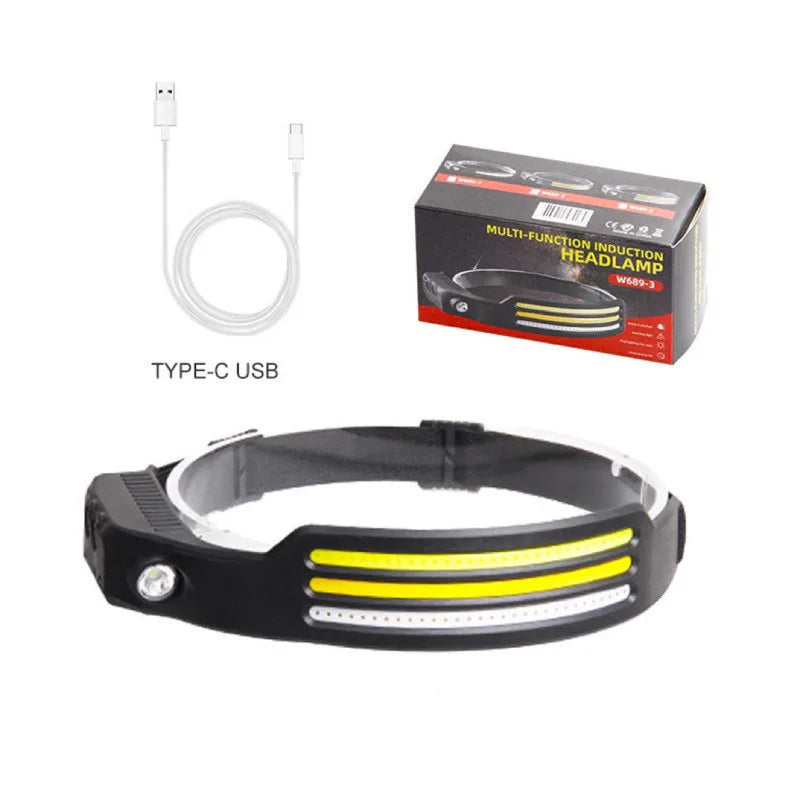 Lanterna de Cabeça LED Recarregável com Sensor de Movimento USB para Camping, Pesca e Emergência