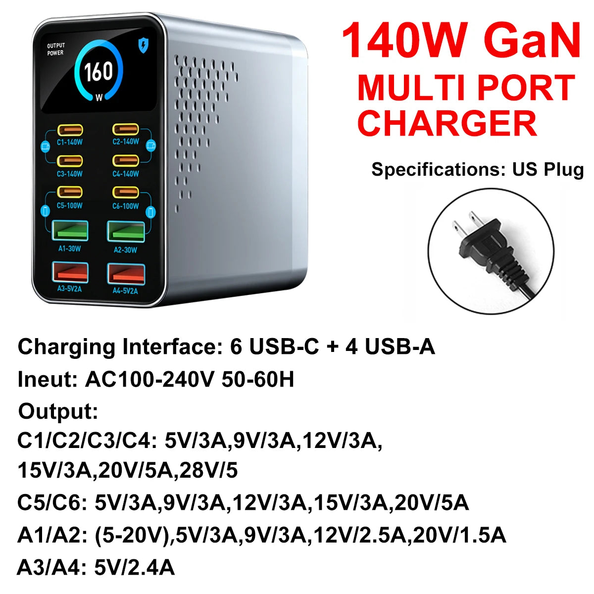 GaN Charger 10-IN-1 PD+QC Multi-port Charger USB Type C Digital Display Fast Charging Station For Phones And Tablet Fast Charger