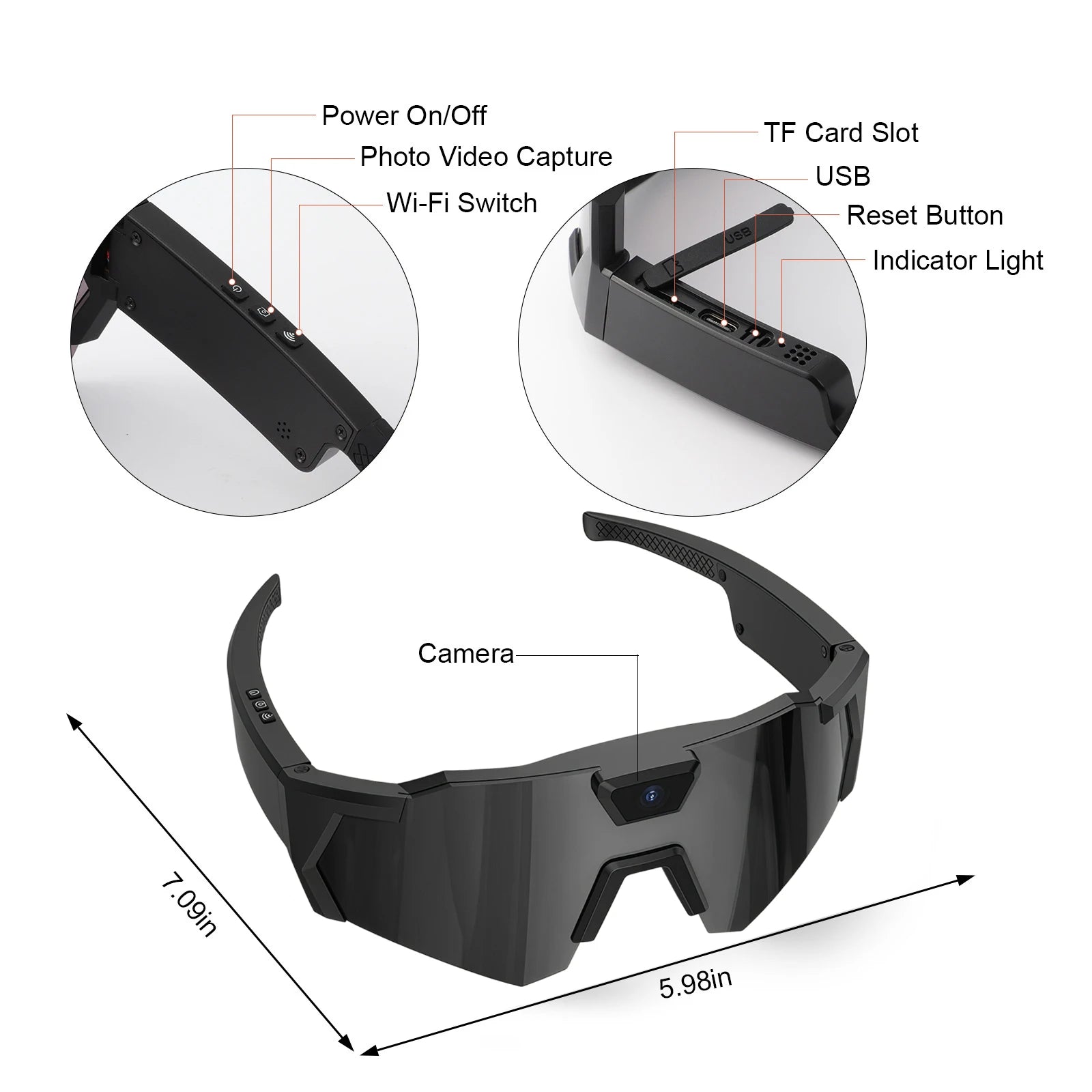 Smart Camera Sport Sunglasses & Anti-Glare Lens HD 1080P POV Video Recorder for Cycling Skiing Lightweight Comfortable Goggles
