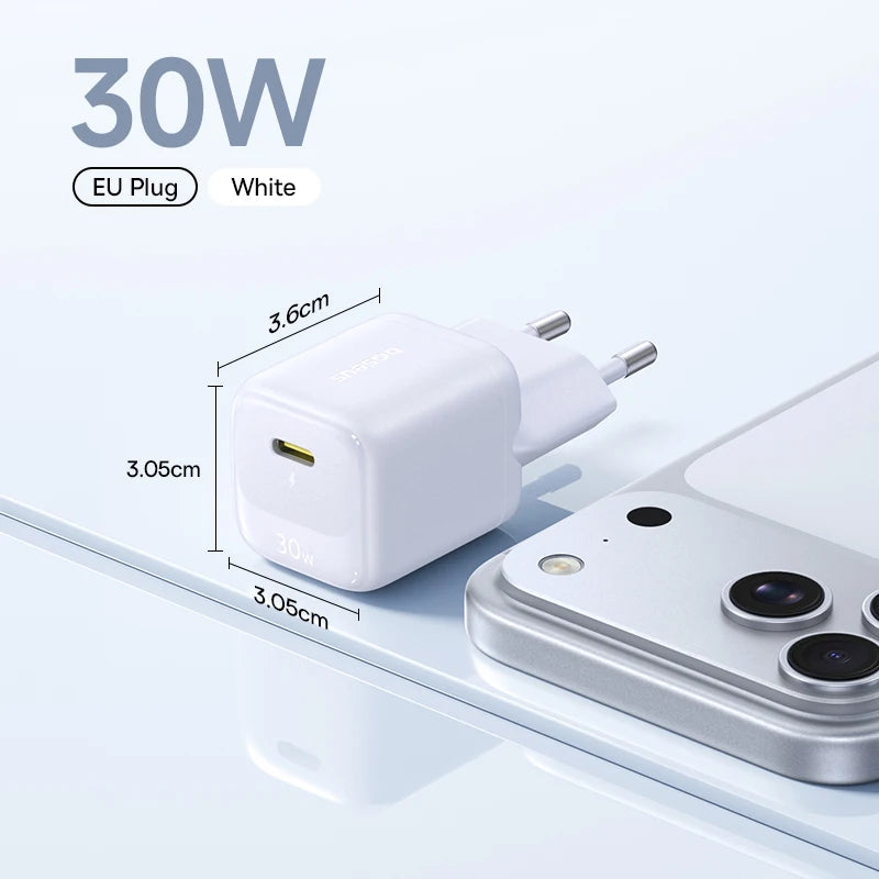 Baseus 30W GaN Charger PD Charger For iPhone 17 16 15 14 13 12 Max Fast Charger PD3.0 QC3.0 Phone Charger Type C Tablets Charger