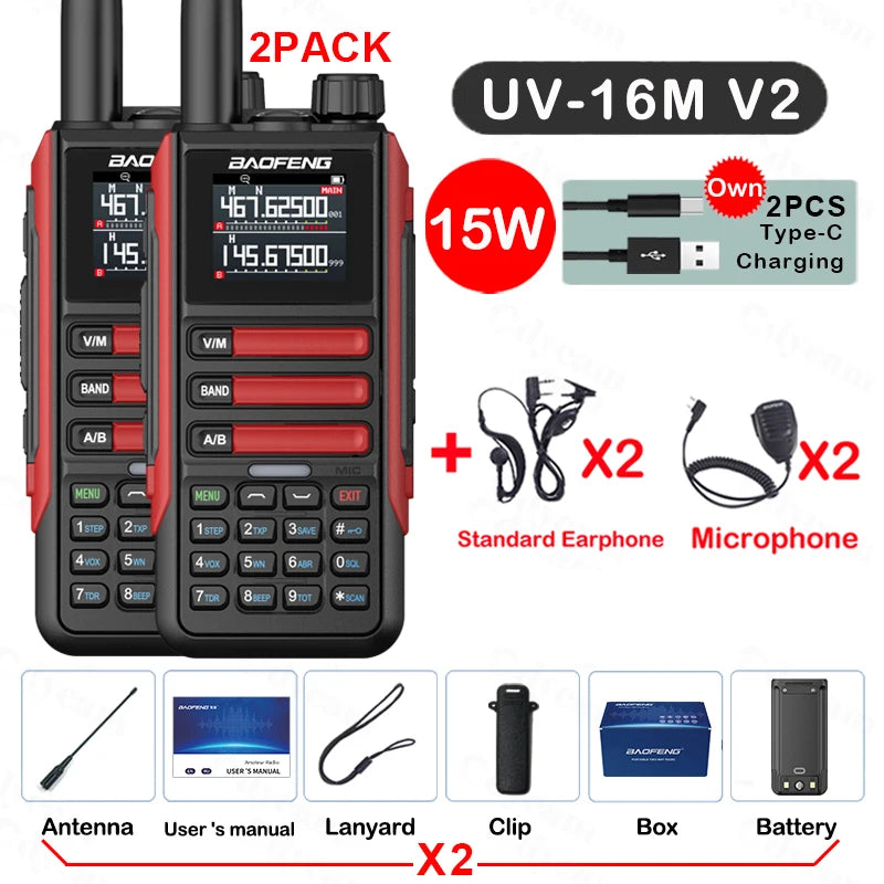 2Pack Baofeng 15W 50KM Waterproof Walkie Talkie 999CH AM FM 2-Way Radio Full Band LCD Screen Frequency Copy Noise Reduce UV16M