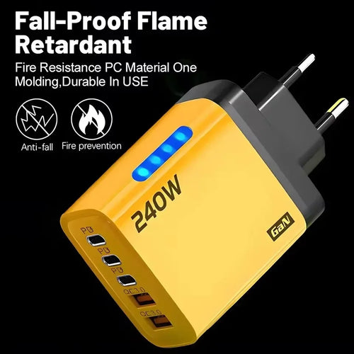 240w Gan Fast Charger With Led Light 5 In 1 2usb+3type-C Multi Port Phone Charger For Iphone15-17Series Samsung Huawei Xiaomi 15
