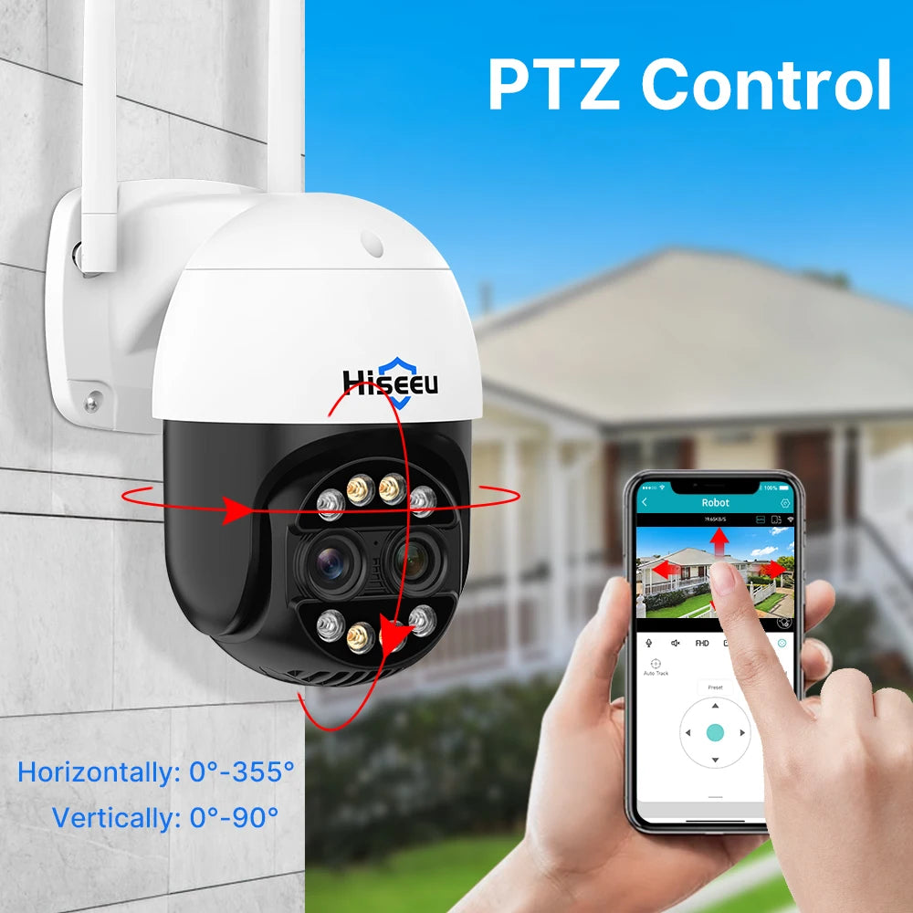 Hiseeu 4K 8MP Dual Lens PTZ Wifi IP Camera 8X Zoom Outdoor HD Full Color Night Vision Human Detection Video Surveillance Cameras