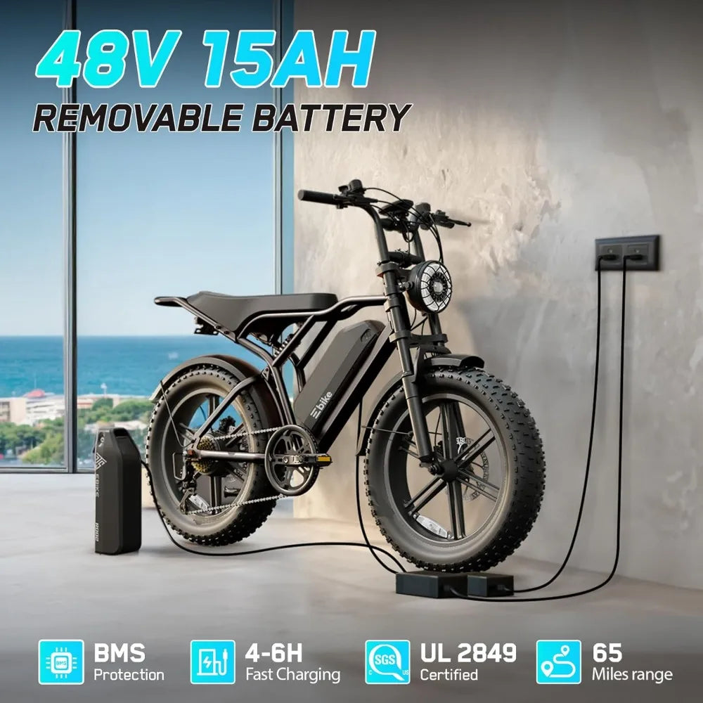 Full Suspension 20 Inch Fat Tire Electric Bike for Adults 1500W Peak Motor 60 Miles Range 48V 15Ah Removable Lithium Battery