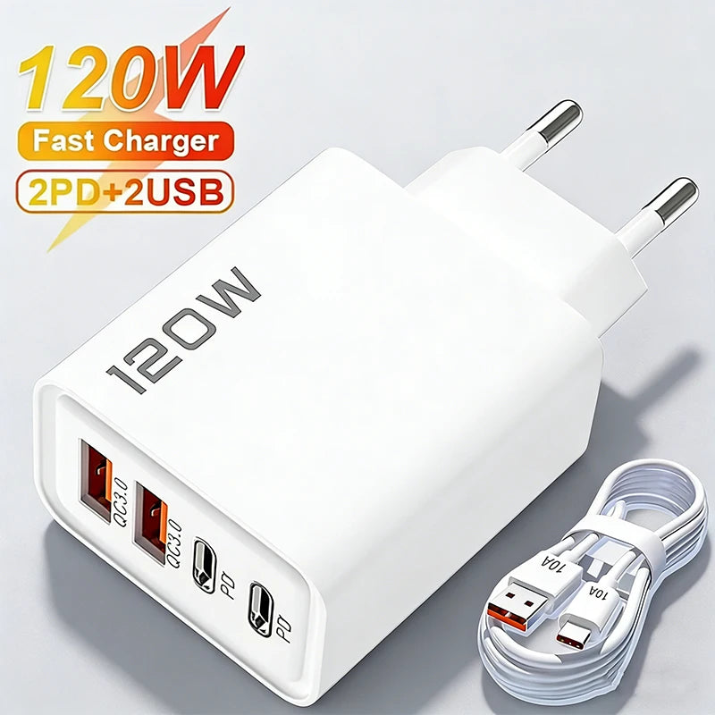 4 Ports 120W Charger Quick Charge 3.0 USB C PD Type C USB Phone Chargers Fast Charging Adapter For iPhone Samsung Xiaomi Huawei