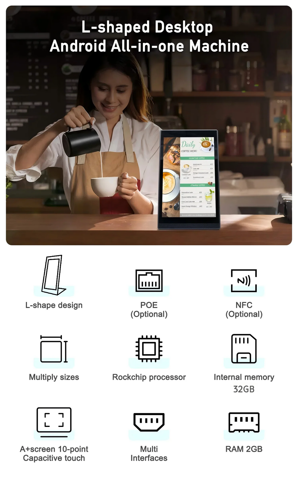 New Android 13 Vertical Screen Menu Machine, Portrait Touch Screen Ordering Kiosk, Customer Rating Device, Loyverse POS Terminal
