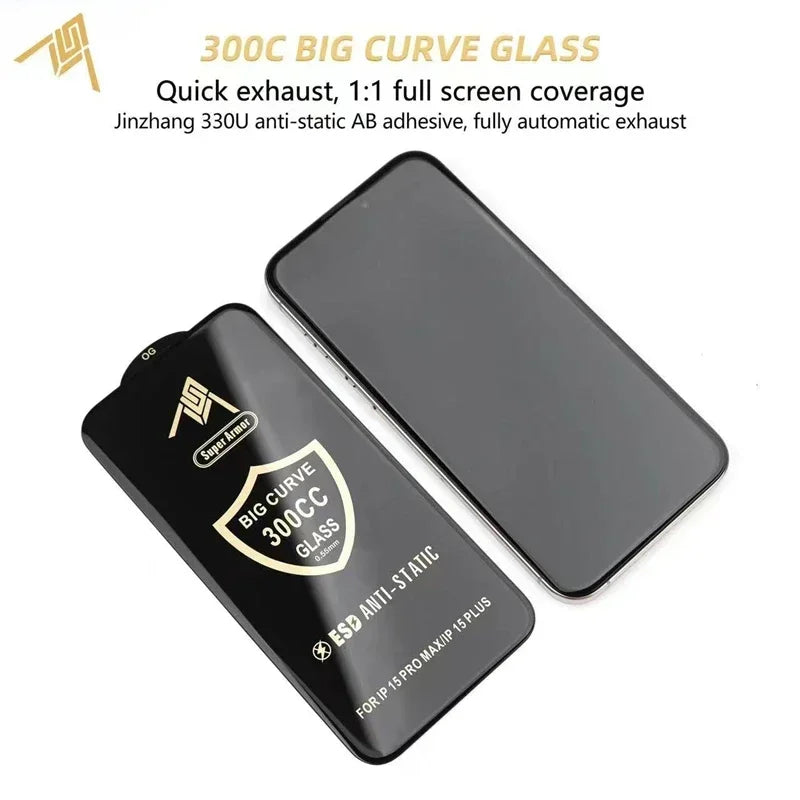 300CC Big Curve Tempered Glass For iPhone 15 14 13 16 17 Pro Max ESD Anti-Static Screen Protector For iPhone 11 12 PRO XR XS MAX