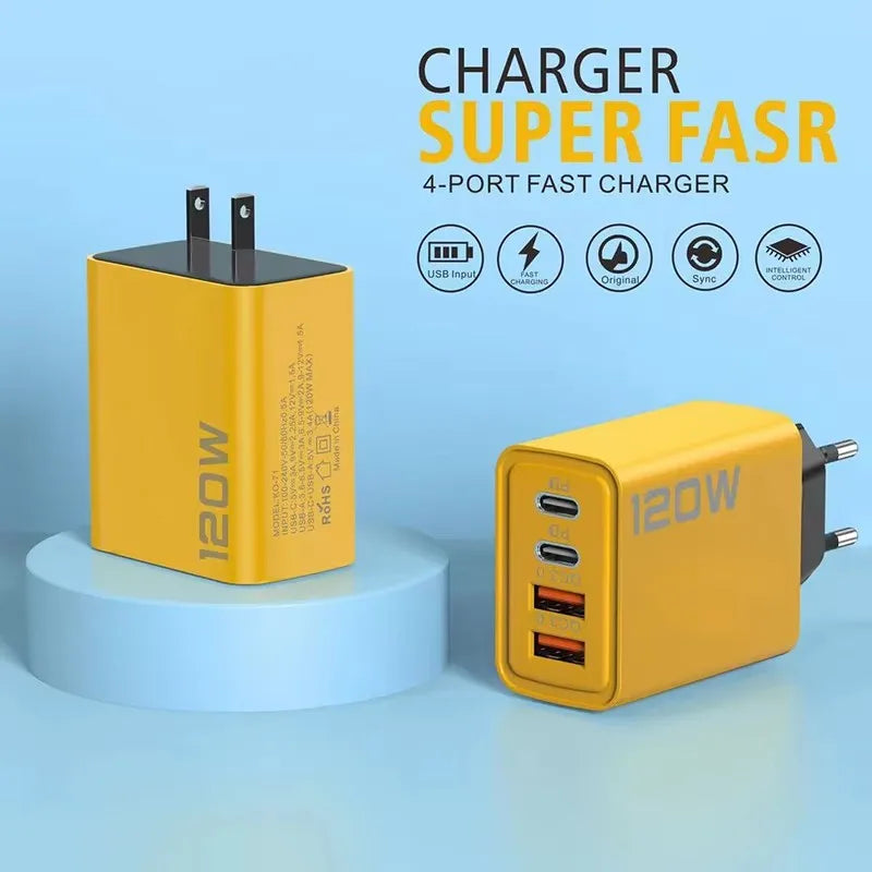 4 Ports 120W Charger Quick Charge 3.0 USB C PD Type C USB Phone Chargers Fast Charging Adapter For iPhone Samsung Xiaomi Huawei