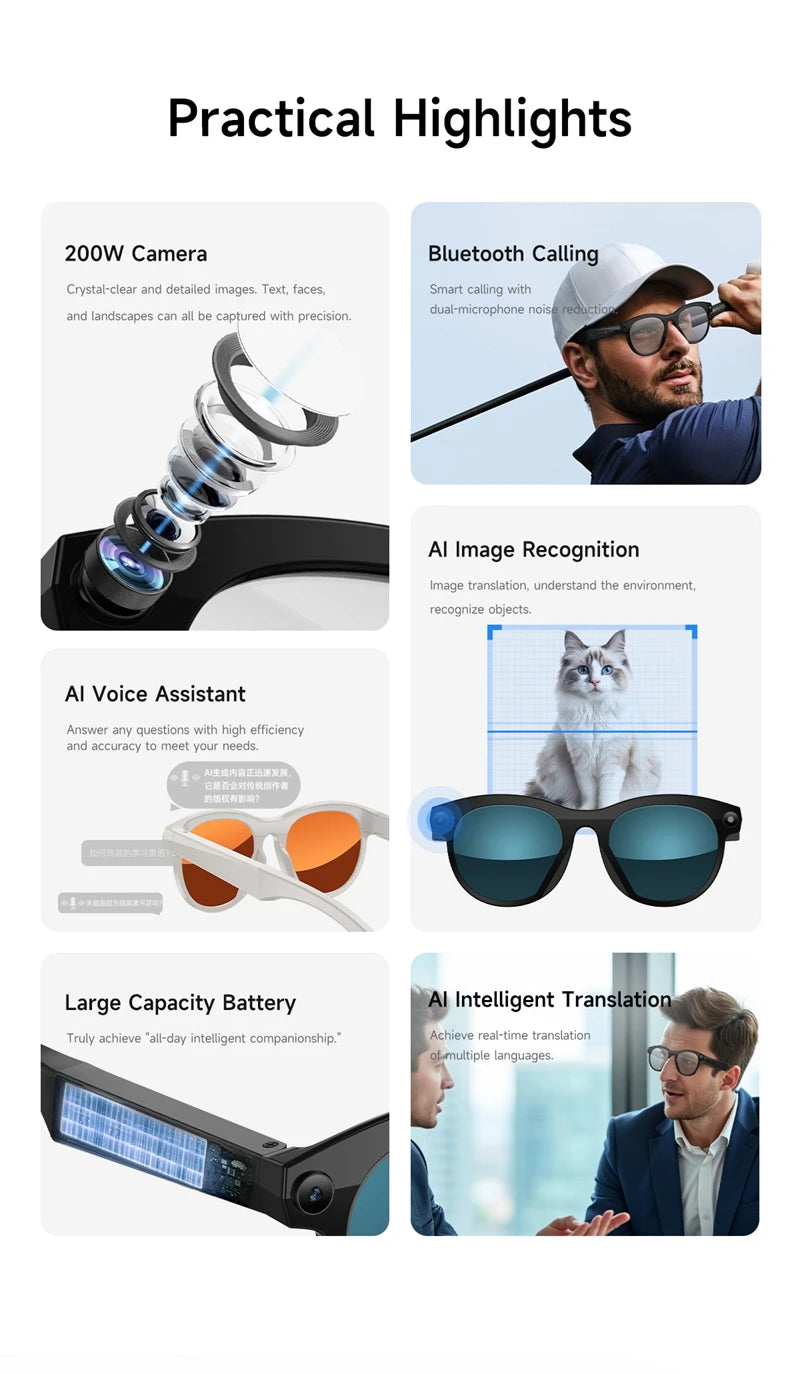 VIVO Original HD AI Smart Camera Glasses Multifunctional Bluetooth Call Voice Assistant Music Player Translation Camera Glasses