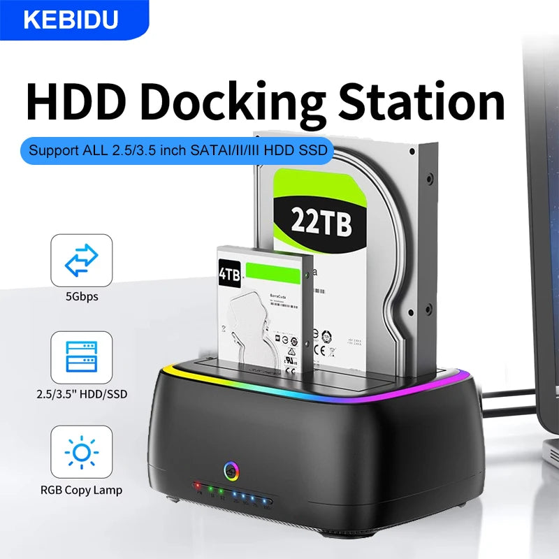 RGB HDD Docking Station SATA to USB 3.0 Adapter for 2.5/3.5 Inch HDD SSD Case HDD Box Hard Drive Enclosure PC Accessories