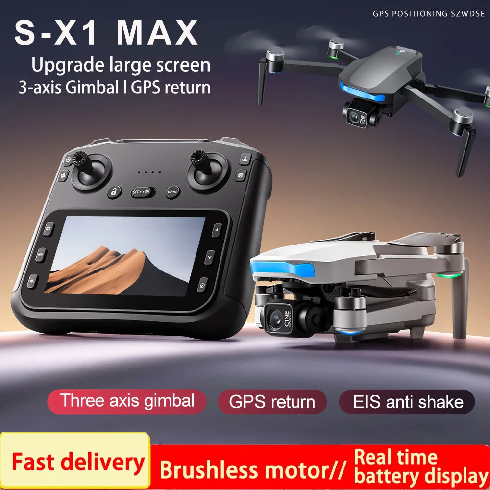 S-X1 MAX 4K Professional Drone With HD Camera 3-Axis Gimbal GPS Dron Brushless 5G WIFI Screen Remote Control RC Quadcopter Toys