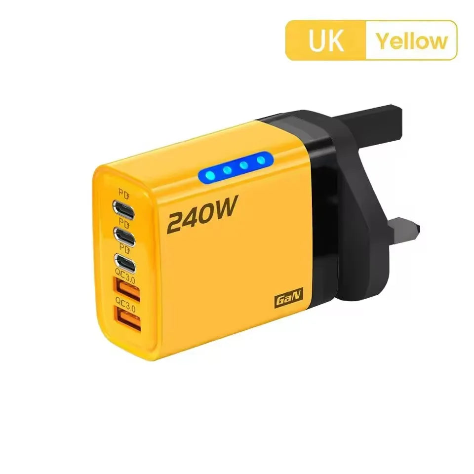 240w Gan Fast Charger With Led Light 5 In 1 2usb+3type-C Multi Port Phone Charger For Iphone15-17Series Samsung Huawei Xiaomi 15