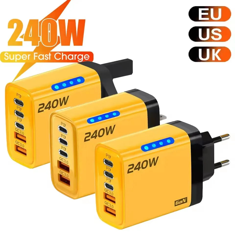 240w Gan Fast Charger With Led Light 5 In 1 2usb+3type-C Multi Port Phone Charger For Iphone15-17Series Samsung Huawei Xiaomi 15