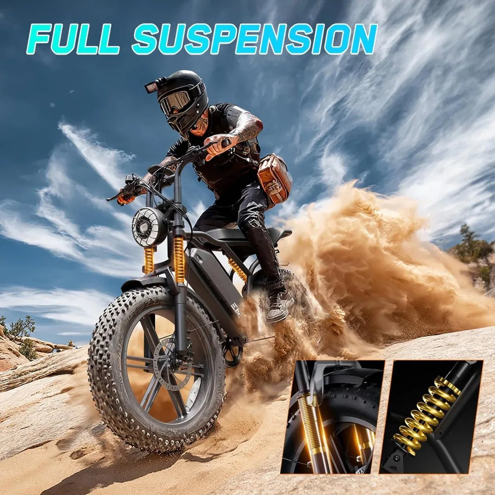 Full Suspension 20 Inch Fat Tire Electric Bike for Adults 1500W Peak Motor 60 Miles Range 48V 15Ah Removable Lithium Battery