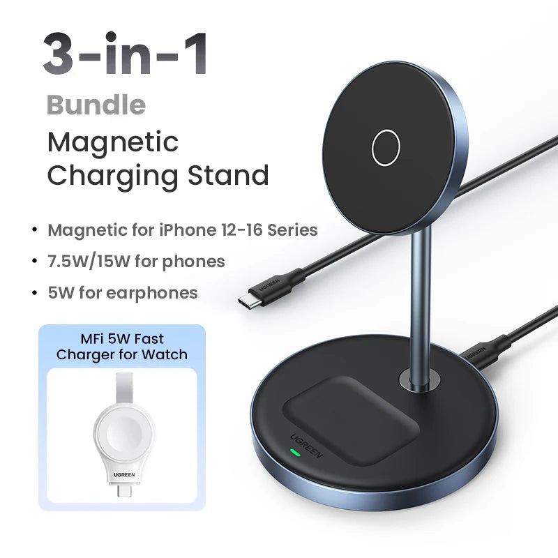 UGREEN Magnetic Wireless Charger Stand 7.5W 2-in-1 Charging Stand For iPhone 16 17 Pro Max/iPhone 14/AirPods Fast Charger