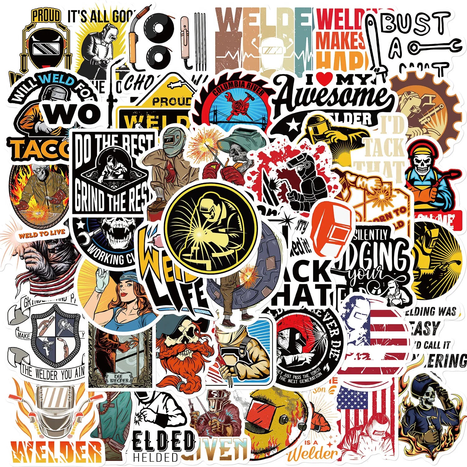 50PCS/Pack Cartoon Welder Helmet Hard Hat Stickers Decals For Phone Laptop Suitcase Notebook Skateboard Waterproof Stickers