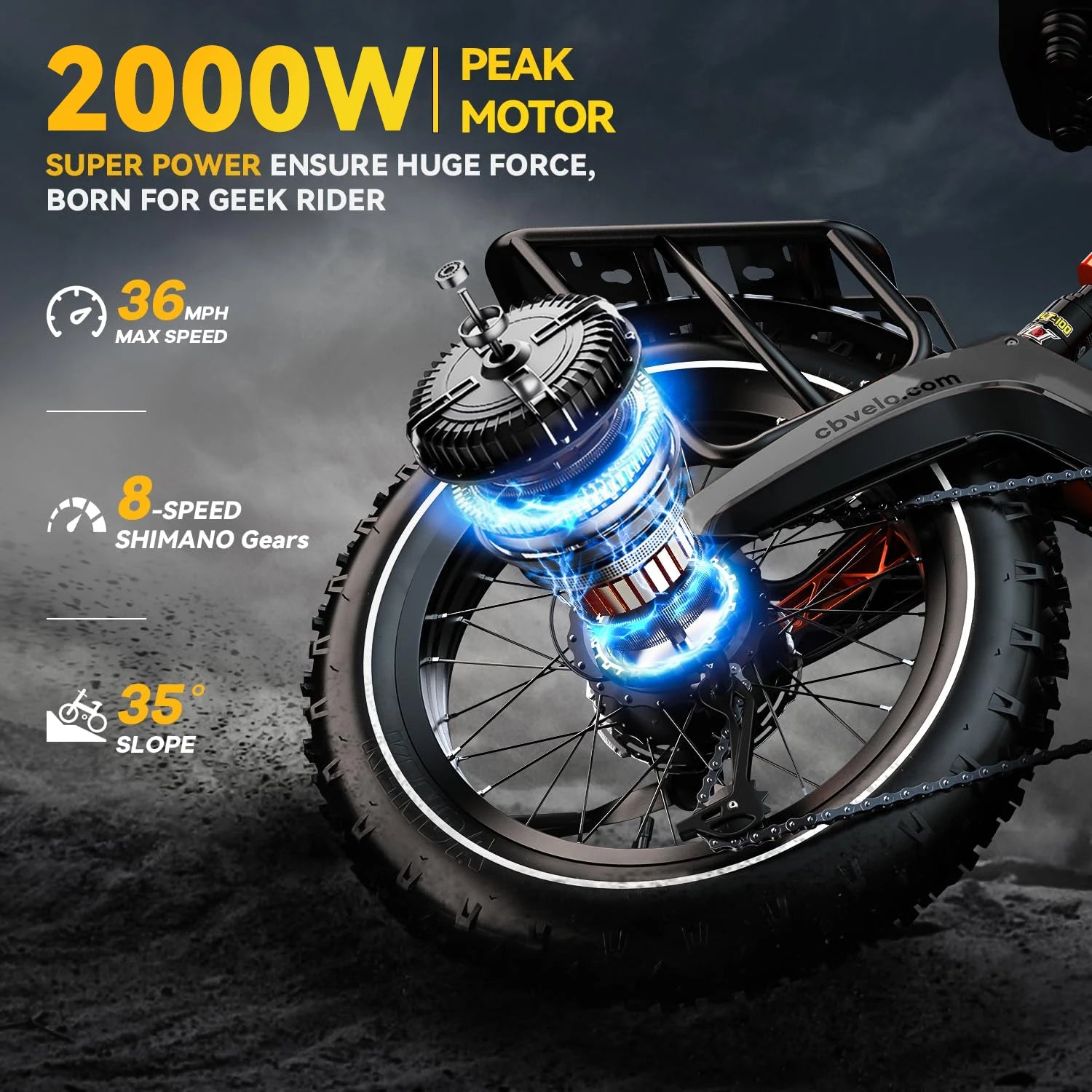Cybervelo 2000W Peak Folding Electric Bike 20"x4.0 Fat Tire Adults Ebike Dual 20Ah Battery 35MPH 100 Miles Range Offroad E Bicycle EK6