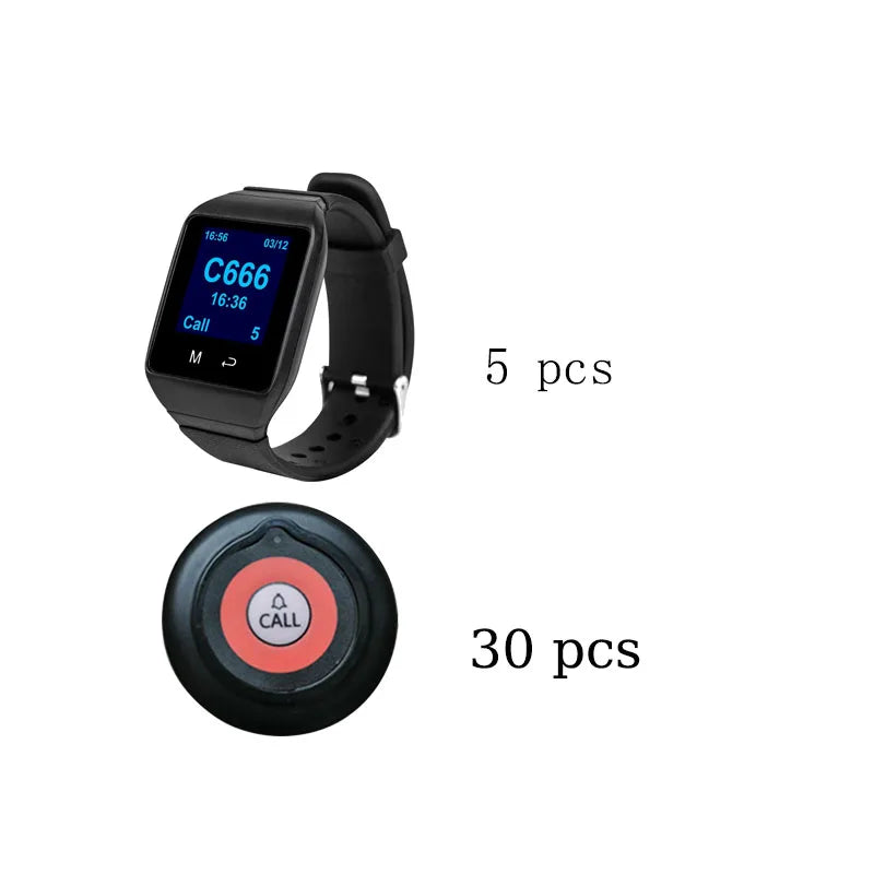 QWICALL 30 Call Button Transmitter 5 Waiter Watch Pager Receiver Wireless Restaurant Hotel Bar Service Guest Calling System