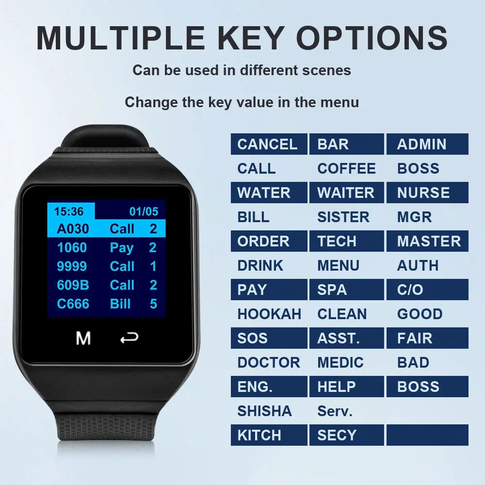 QWICALL 30 Call Button Transmitter 5 Waiter Watch Pager Receiver Wireless Restaurant Hotel Bar Service Guest Calling System