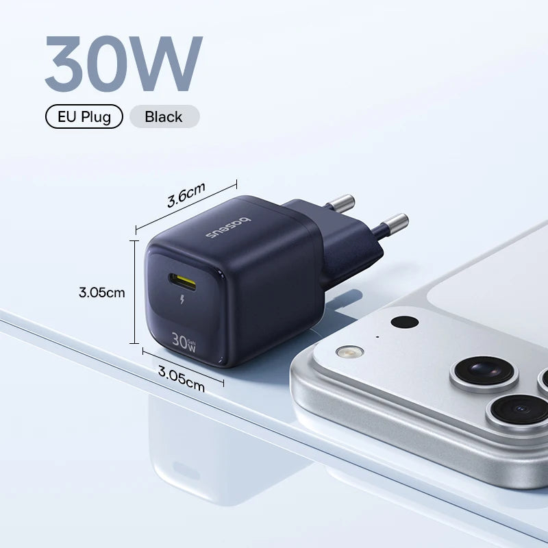 Baseus 30W GaN Charger PD Charger For iPhone 17 16 15 14 13 12 Max Fast Charger PD3.0 QC3.0 Phone Charger Type C Tablets Charger