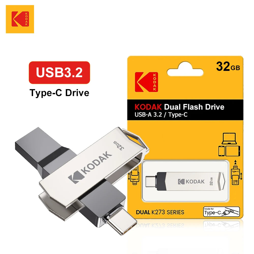 Kodak K273 Double Nip USB Flash Drive 64GB 128GB High Speed USB3.2 Pen Drive Memory Stick Pendrive Metal OTG Stick 100% Original