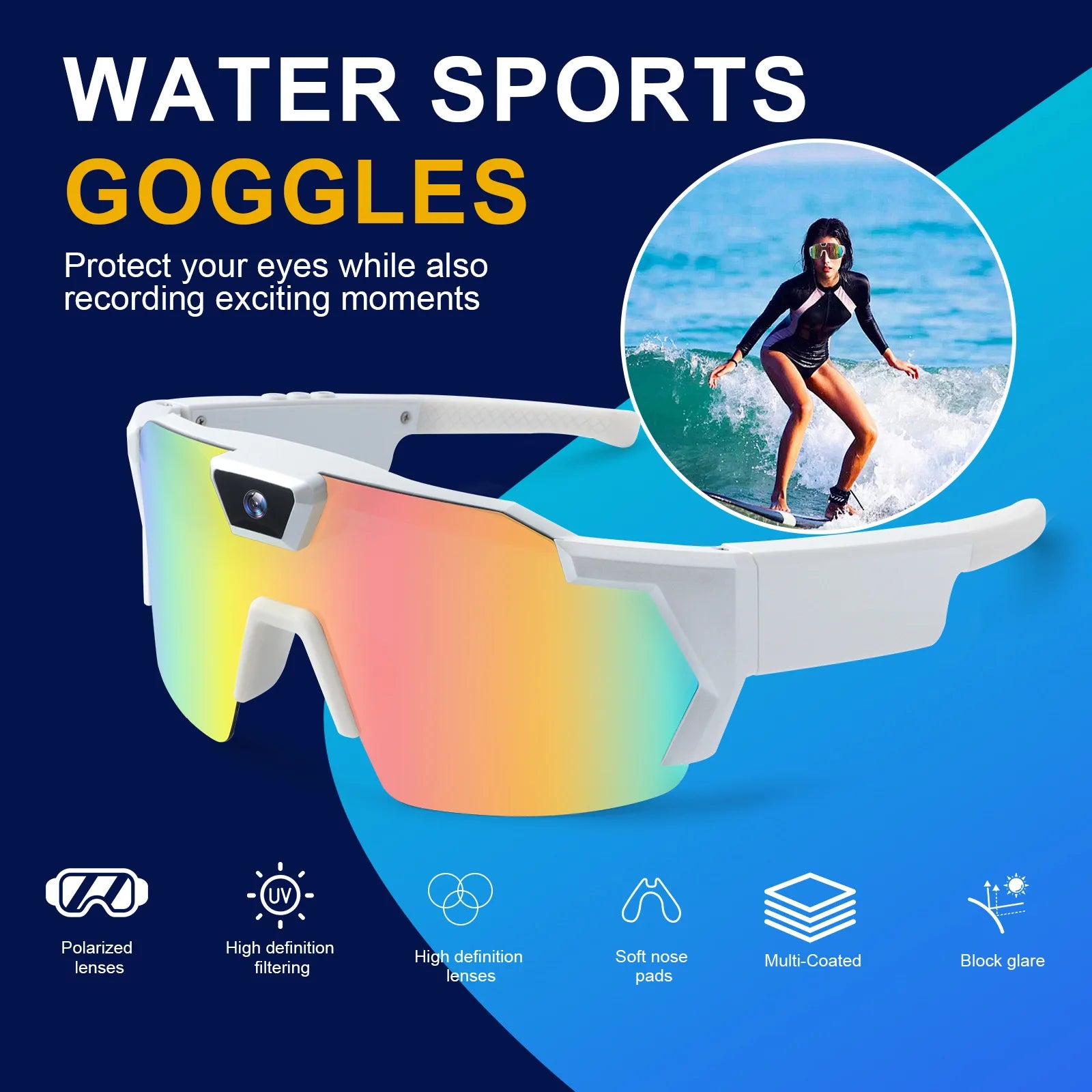 Smart Camera Sport Sunglasses & Anti-Glare Lens HD 1080P POV Video Recorder for Cycling Skiing Lightweight Comfortable Goggles