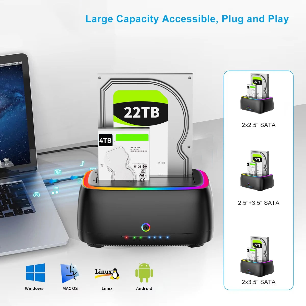 RGB HDD Docking Station SATA to USB 3.0 Adapter for 2.5/3.5 Inch HDD SSD Case HDD Box Hard Drive Enclosure PC Accessories