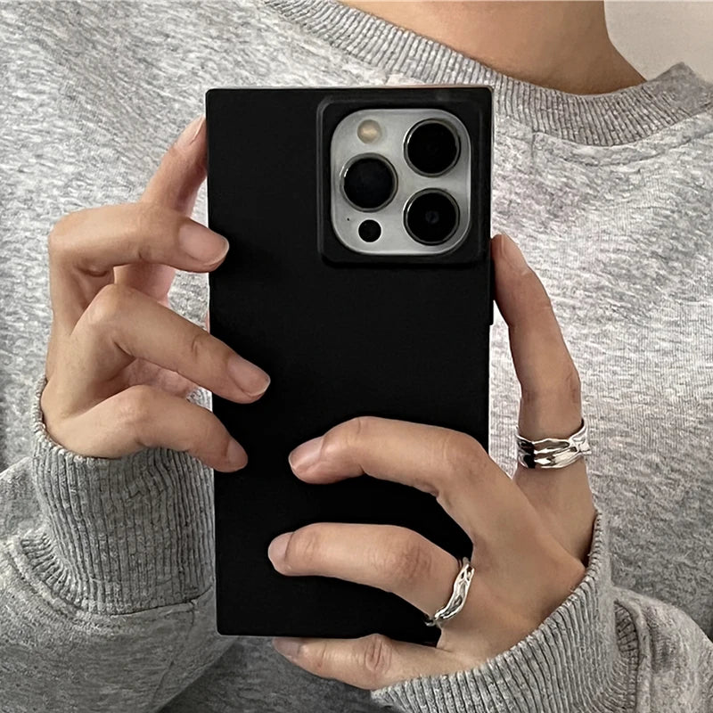 Simple Fashion Matte Black Rectangle Frame Phone Case For iPhone 17 16 15 13 14 12 Pro Max IMD TPU Shockproof Back Cover