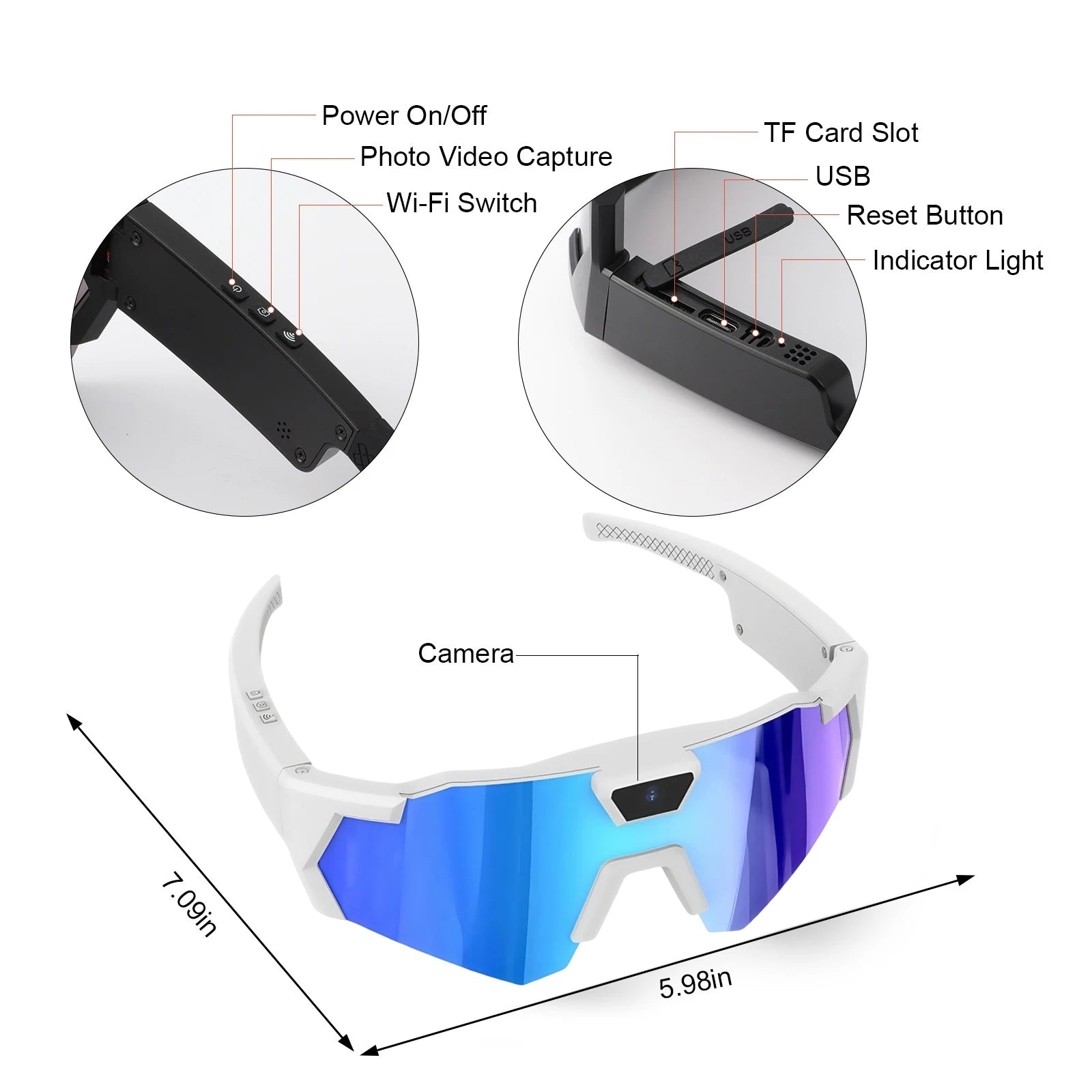 Smart Camera Sport Sunglasses & Anti-Glare Lens HD 1080P POV Video Recorder for Cycling Skiing Lightweight Comfortable Goggles