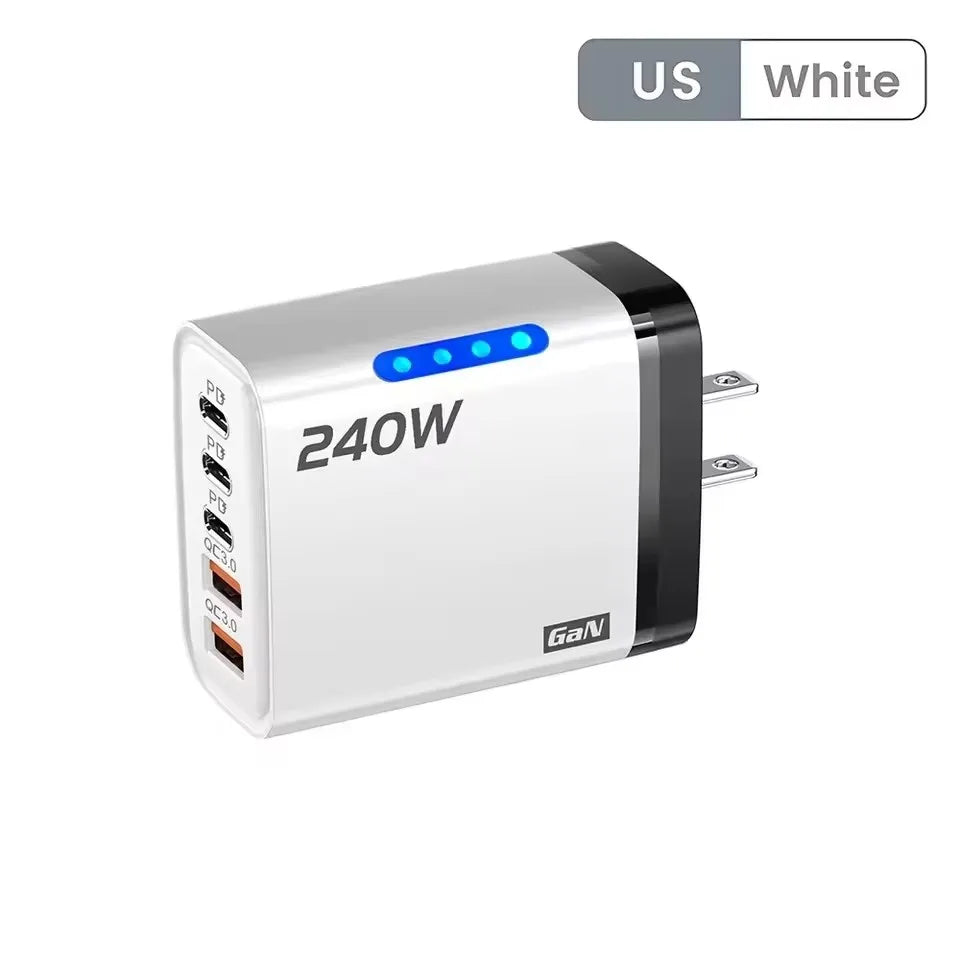 240w Gan Fast Charger With Led Light 5 In 1 2usb+3type-C Multi Port Phone Charger For Iphone15-17Series Samsung Huawei Xiaomi 15