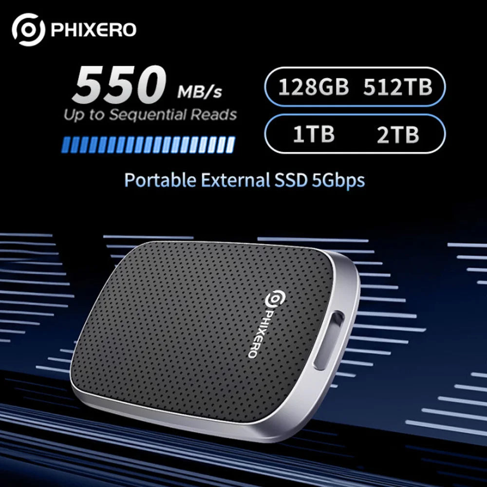 PHIXERO 1TB External SSD 128GB 256GB 512GB 1TB Up to 550MB/S Portable Solid State Drive Storage PSSD 5Gbps For Tablets Laptops