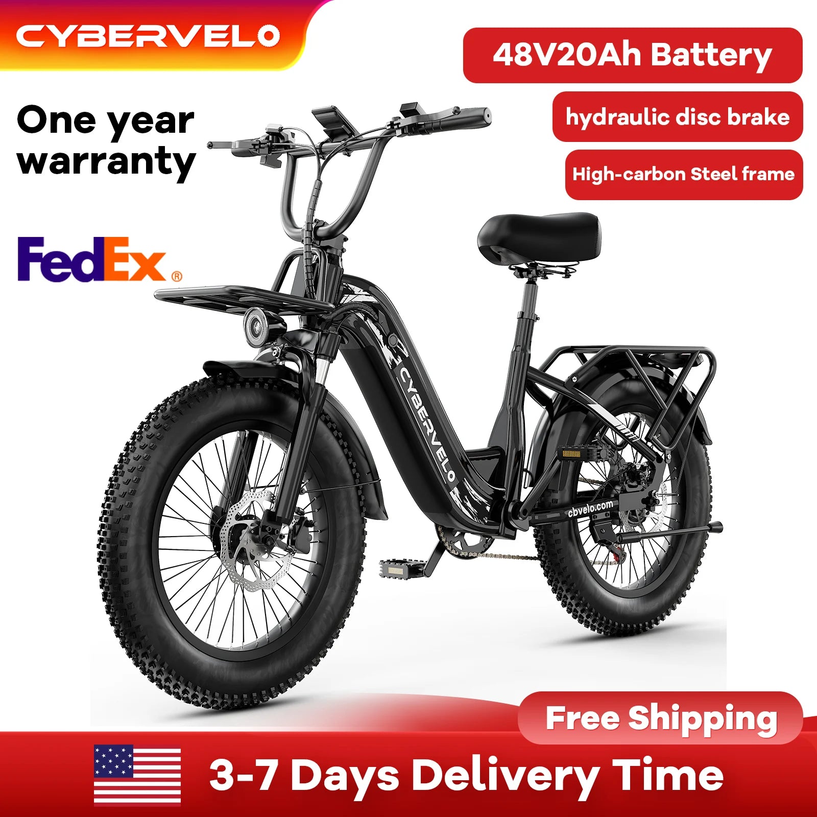 Cybervelo 1000W Motor Peak Electric Bike for Adults 48V 20AH Removable Battery Step Thru EBike 30+MPH 80 Miles Max Range 20" Fat Tire Electric Bicycles with 7 Speed EK8