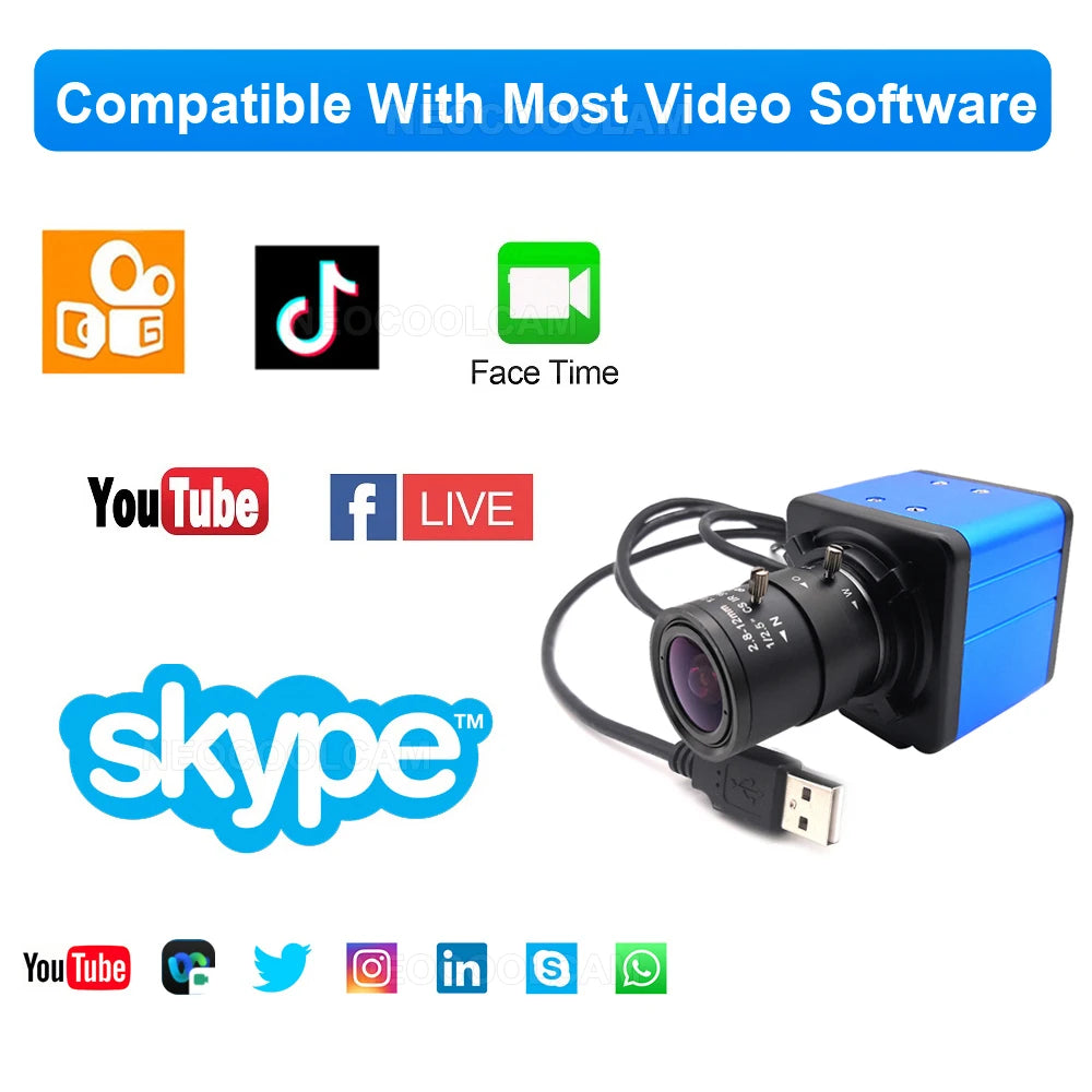 30fps Industrial 4K 8MP CCD IMX415 USB Webcam With 2.8-12mm/5-50mm Manual Zoom Lens 2K 4MP UVC OTG PC Video Camera For Computer