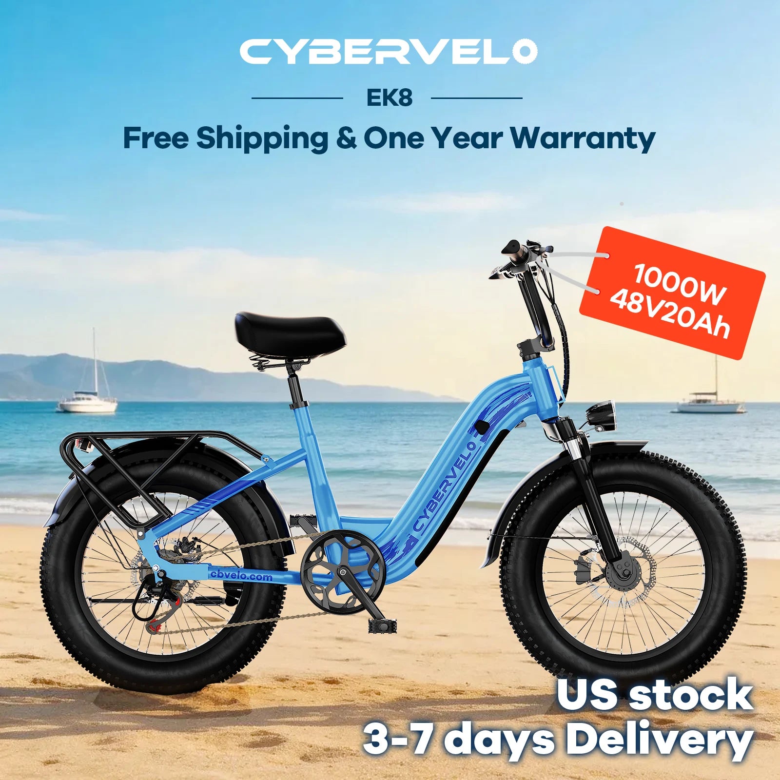 Cybervelo 1000W Motor Peak Electric Bike for Adults 48V 20AH Removable Battery Step Thru EBike 30+MPH 80 Miles Max Range 20" Fat Tire Electric Bicycles with 7 Speed EK8