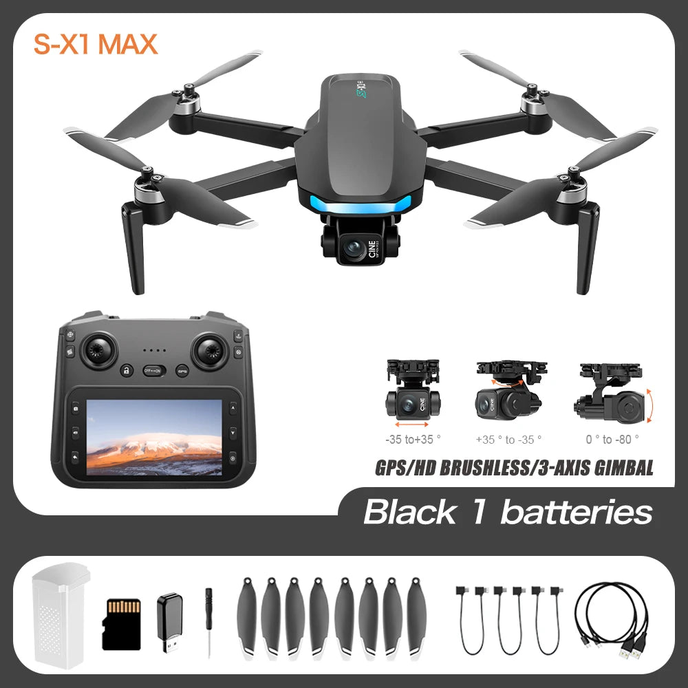 S-X1 MAX 4K Professional Drone With HD Camera 3-Axis Gimbal GPS Dron Brushless 5G WIFI Screen Remote Control RC Quadcopter Toys