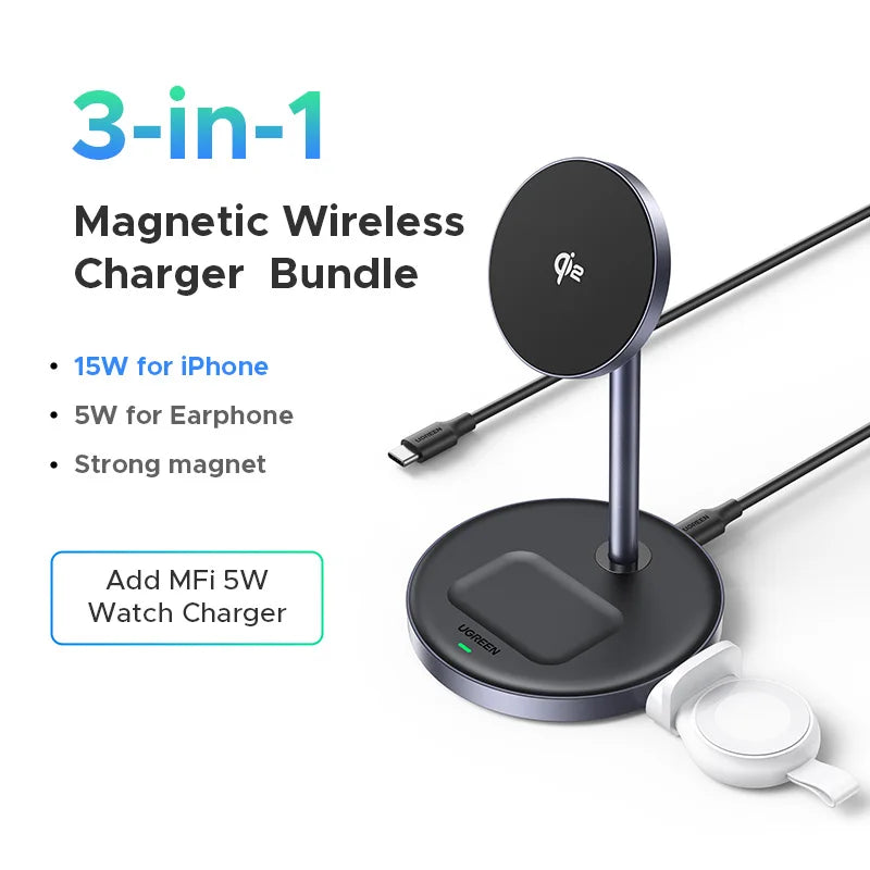 UGREEN Qi Magnetic Wireless Charger Stand Charging Holder For iPhone 16 15 Pro Max/AirPods Fast Charger MagSafe Charging