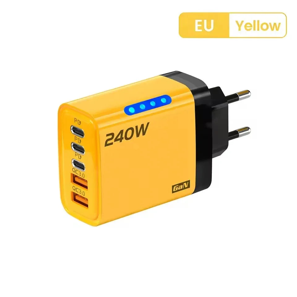 240w Gan Fast Charger With Led Light 5 In 1 2usb+3type-C Multi Port Phone Charger For Iphone15-17Series Samsung Huawei Xiaomi 15