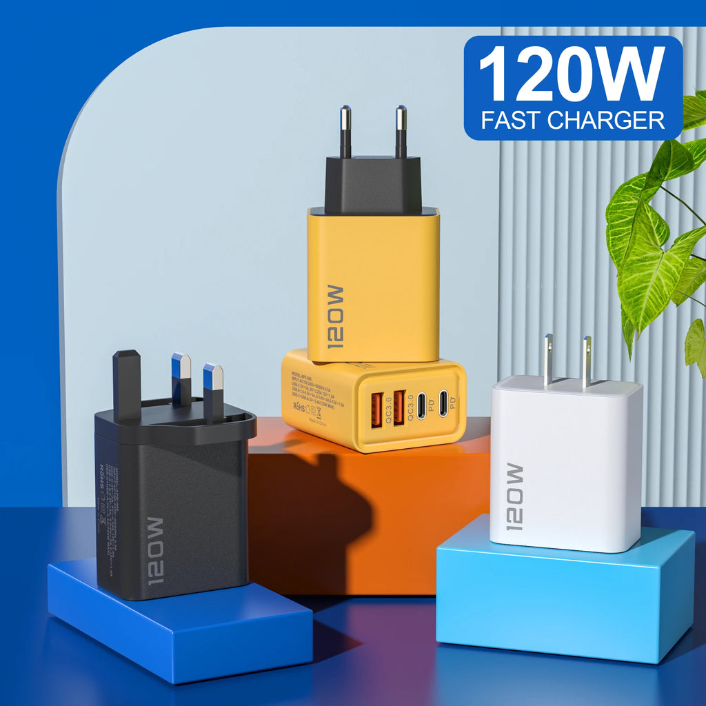 4 Ports 120W Charger Quick Charge 3.0 USB C PD Type C USB Phone Chargers Fast Charging Adapter For iPhone Samsung Xiaomi Huawei