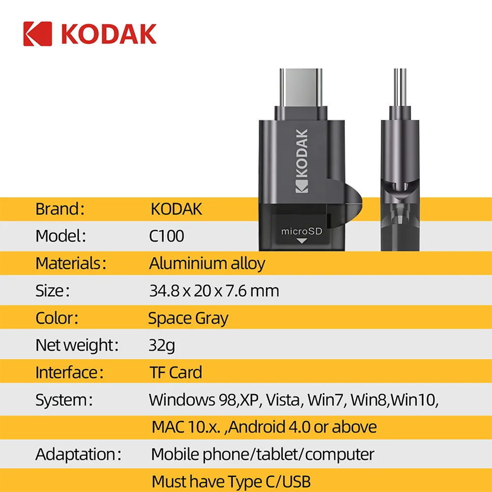 Kodak Type-C Micro SD Card Reader TF Memory Card High-speed Transmission Adapter