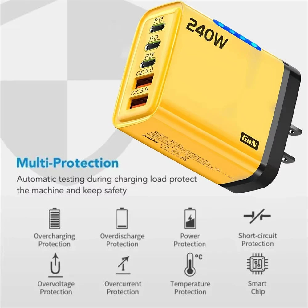 240w Gan Fast Charger With Led Light 5 In 1 2usb+3type-C Multi Port Phone Charger For Iphone15-17Series Samsung Huawei Xiaomi 15