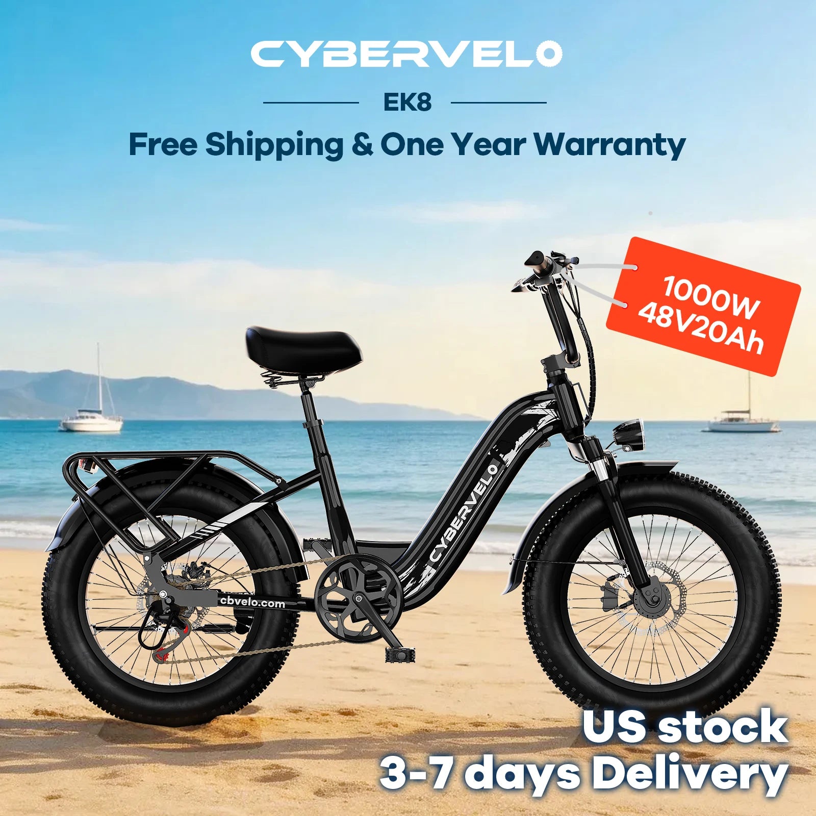 Cybervelo 1000W Motor Peak Electric Bike for Adults 48V 20AH Removable Battery Step Thru EBike 30+MPH 80 Miles Max Range 20" Fat Tire Electric Bicycles with 7 Speed EK8