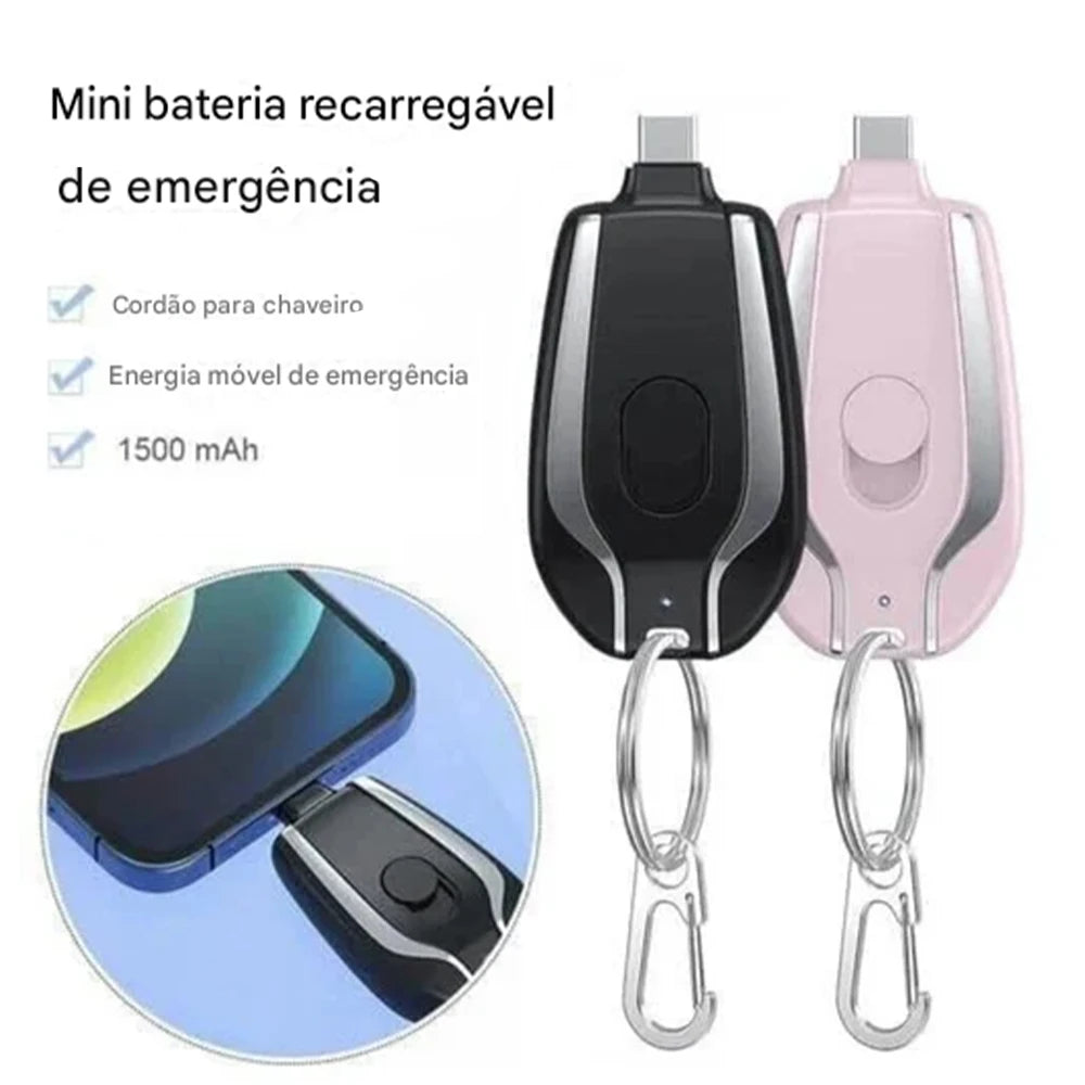 Power Bank Chaveiro 1500mAh Mini Carregador Portátil Recarregável com LED, Bateria Externa para Emergência e Celular