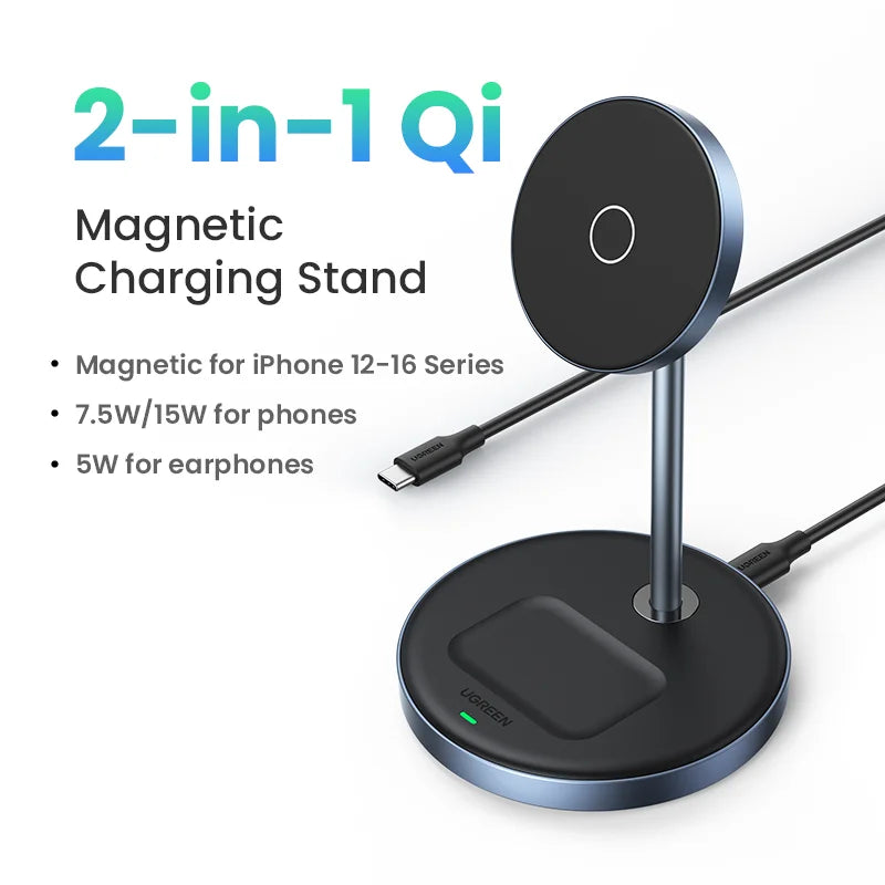 UGREEN Magnetic Wireless Charger Stand 7.5W 2-in-1 Charging Stand For iPhone 16 17 Pro Max/iPhone 14/AirPods Fast Charger
