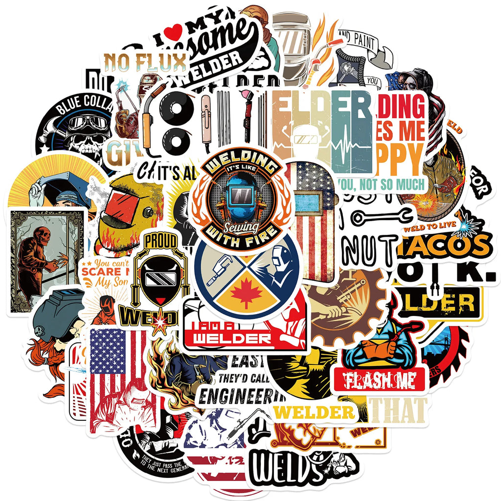 50PCS/Pack Cartoon Welder Helmet Hard Hat Stickers Decals For Phone Laptop Suitcase Notebook Skateboard Waterproof Stickers